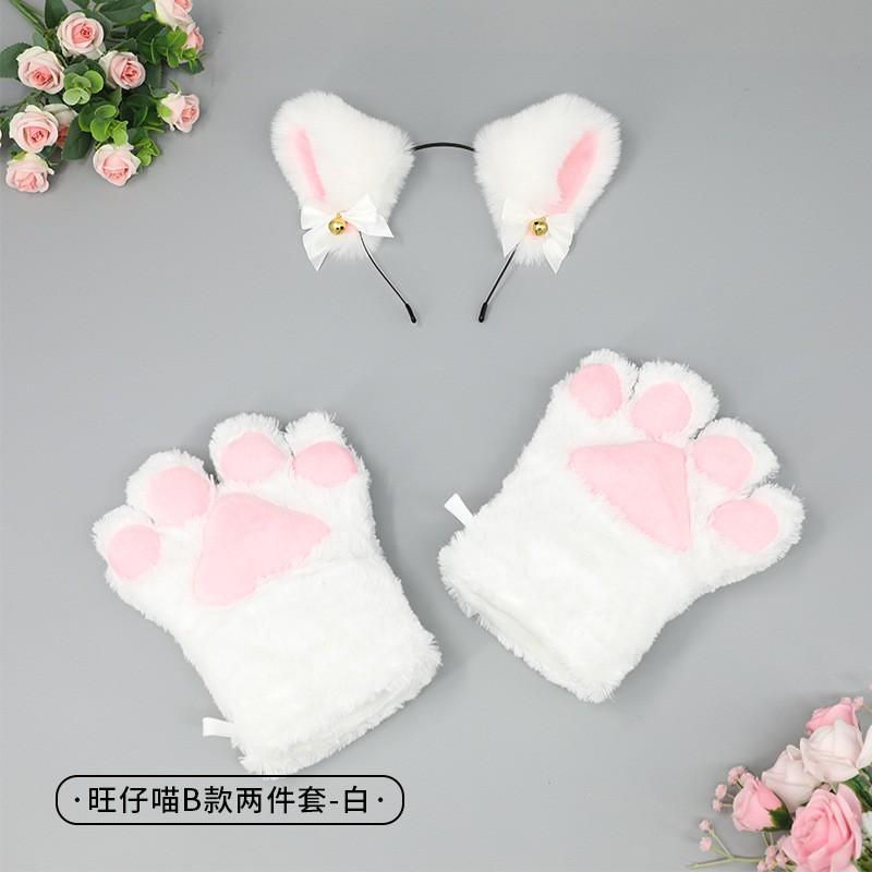 Handmade Cat Ear Headband Set With Paw Gloves Tail Kids Costume Party Animal Role Play