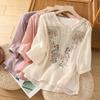 Women's Summer Lightweight, Loose-Fit, Mid-Sleeve, Elegant V-Neck Embroidered Shirt: Boho-Chic Cotton-Linen Tea-Style Top