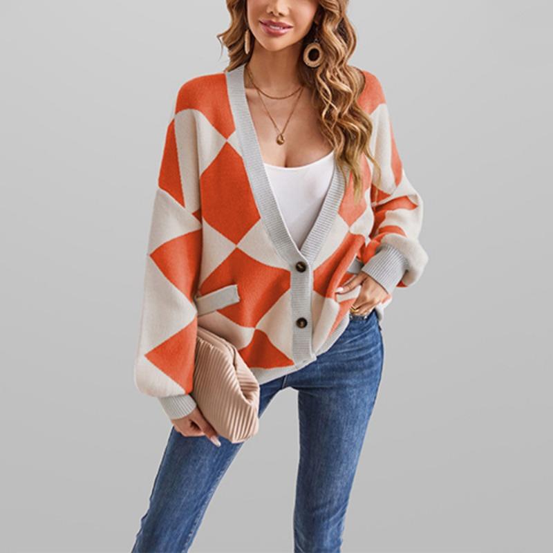 Women S V Neck Lantern Sleeve Loose Knit Cardigan Sweater Autumn Winter