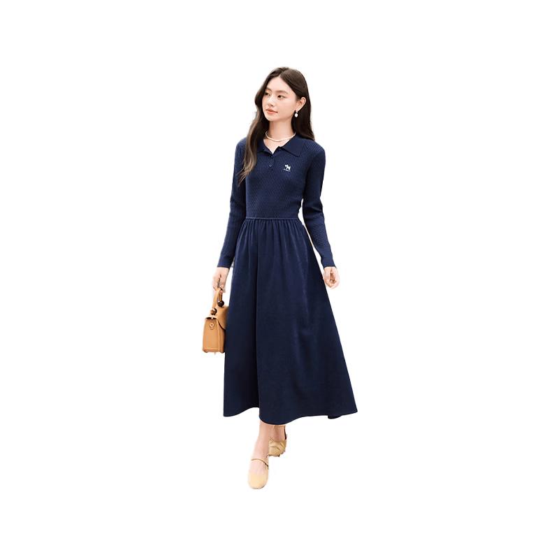 Xiangying Women s Polo Collar Knit Velvet Patchwork Dress M