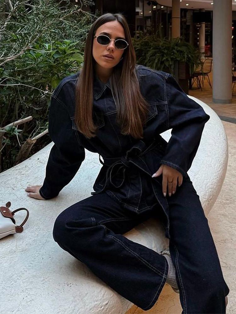 Spring/Autumn 2025 Retro Denim Jacket & Tie-Waist Trousers Set for Women