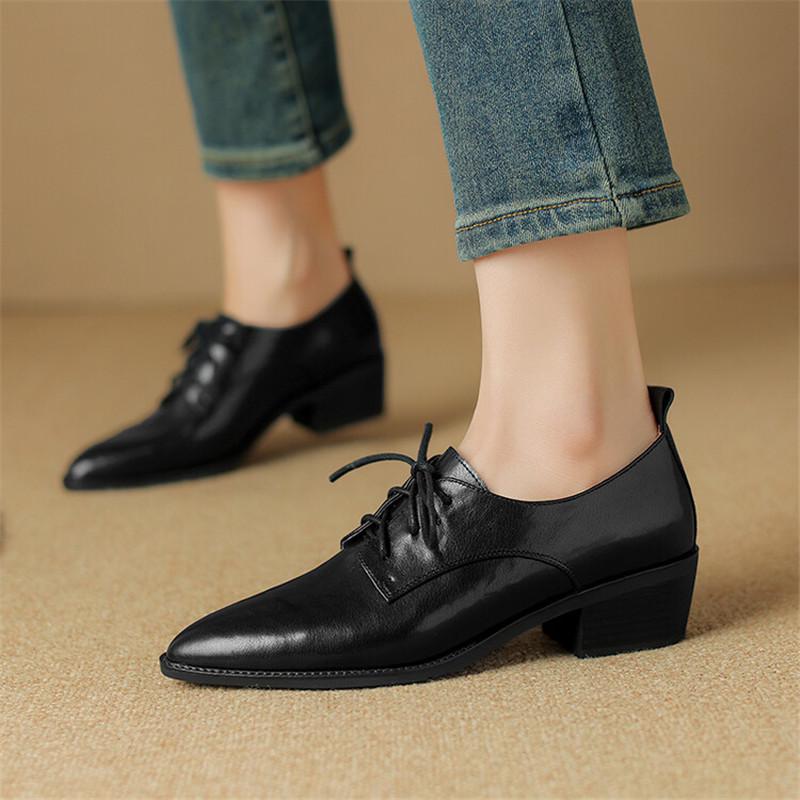 Fashion New Spring Split Leather Women Shoes Pointed Toe Women Pumps Chunky Heels Lace Loafers Shoes for Women French Retro Casual Shoes