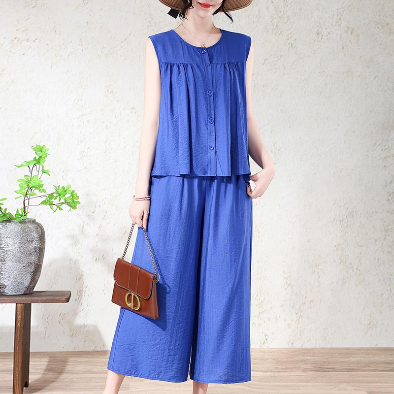 Women's Plus Size 2-Piece Set, Linen-cotton Sleeveless Button Top & Wide Leg Pants (XL-7XL)