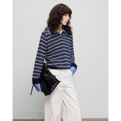 Damen Wollmischung Fake Two-Piece Gestreifter Strick-Polopullover
