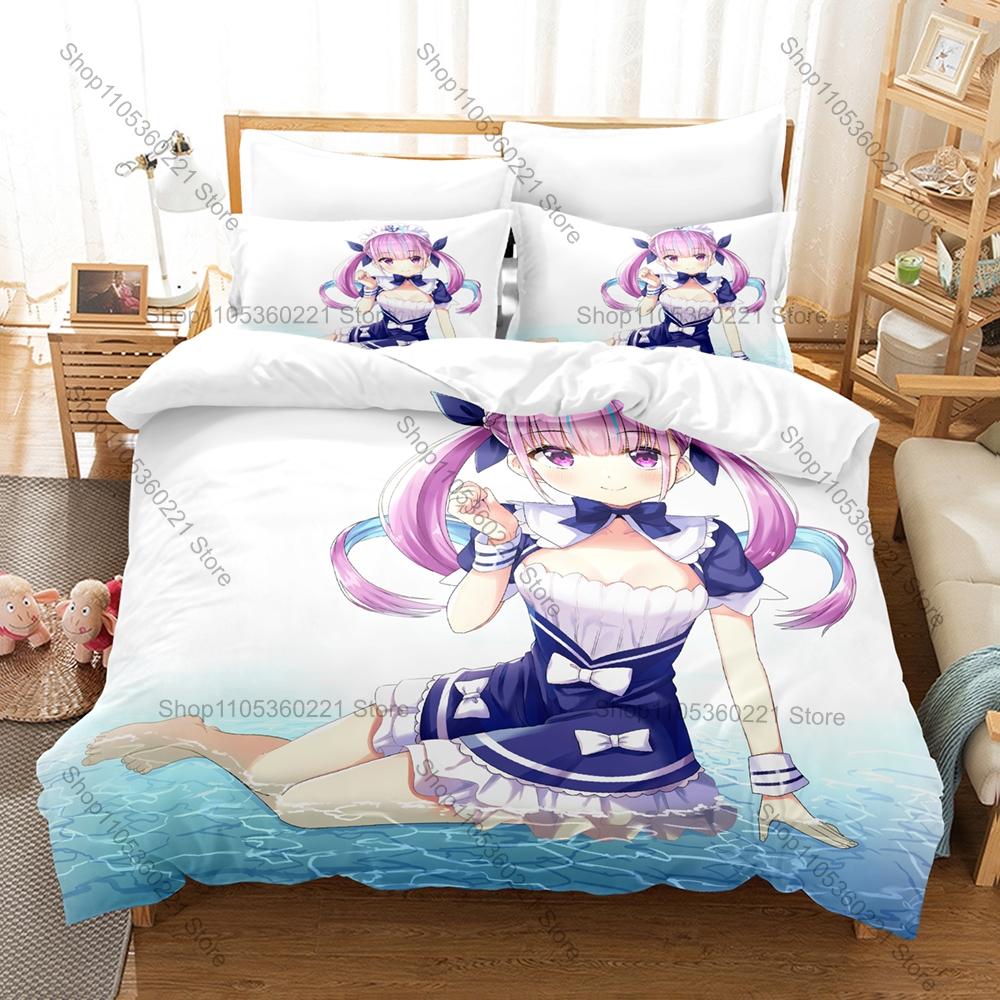 Kawaii Minato Aqua Anchor Logo Graphic Bedding Set Duvet Cover With 2 Pillowcases Teen Room Decor All Season Gift