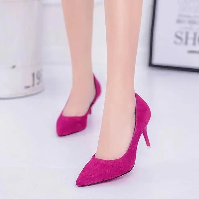 Big Size Women's Boat Shoes Faux Suede High Heels Pointed Toe Pumps Stilettos Basic Pump for Female White Black Red Pink Blue
