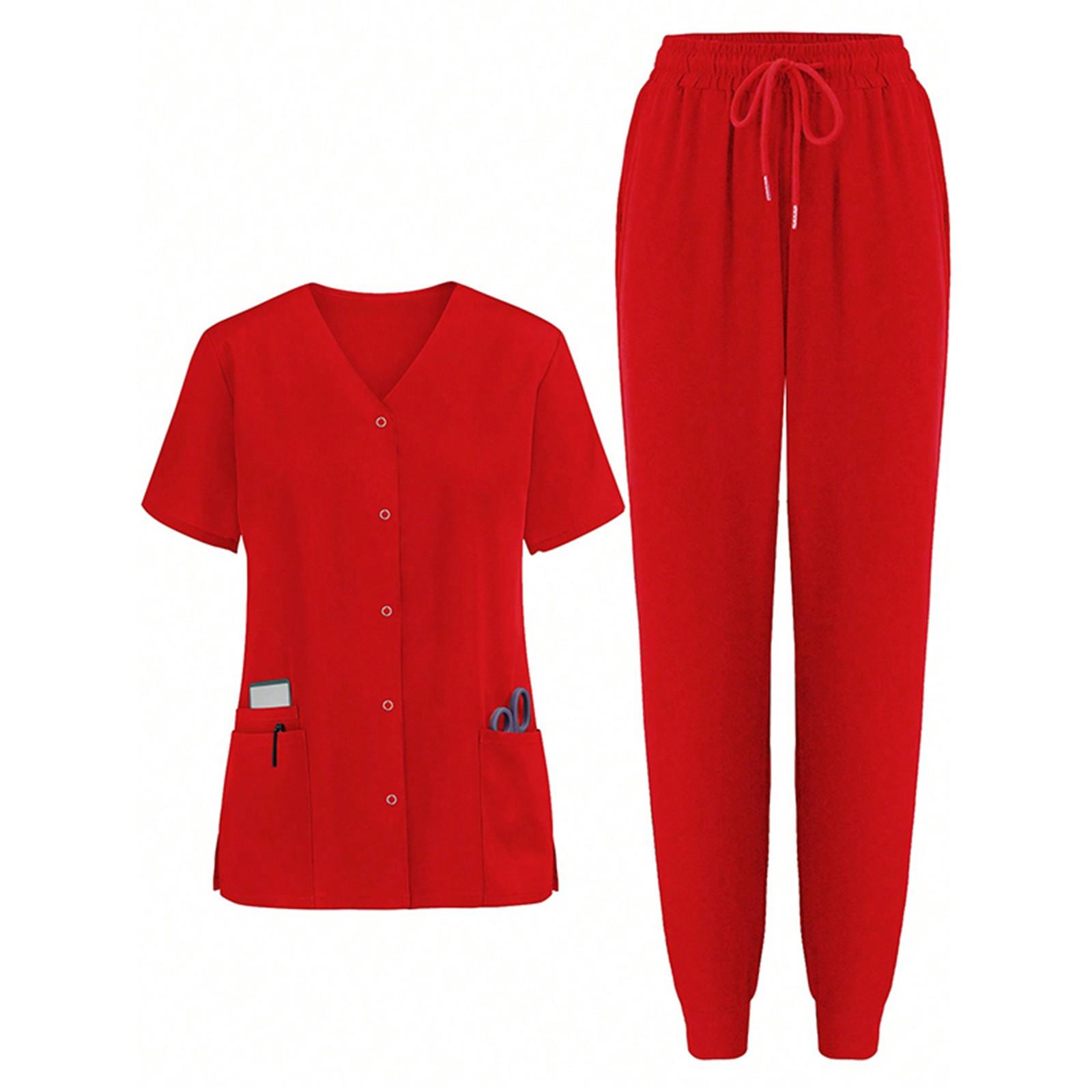 

Женский защитный костюм с V-образным вырезом, однотонный, с карманами, с короткими рукавами, комплект из двух предметов XL красный