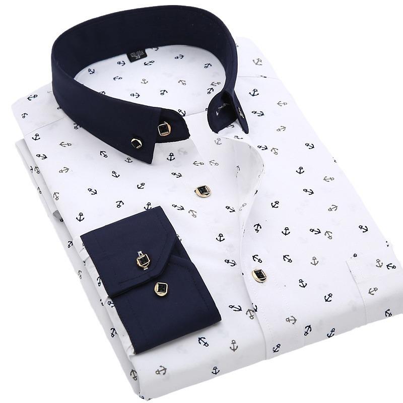 Camisa Masculina de Manga Longa com Gola Turn-Down, Estampa Xadrez Floral, Corte Slim.