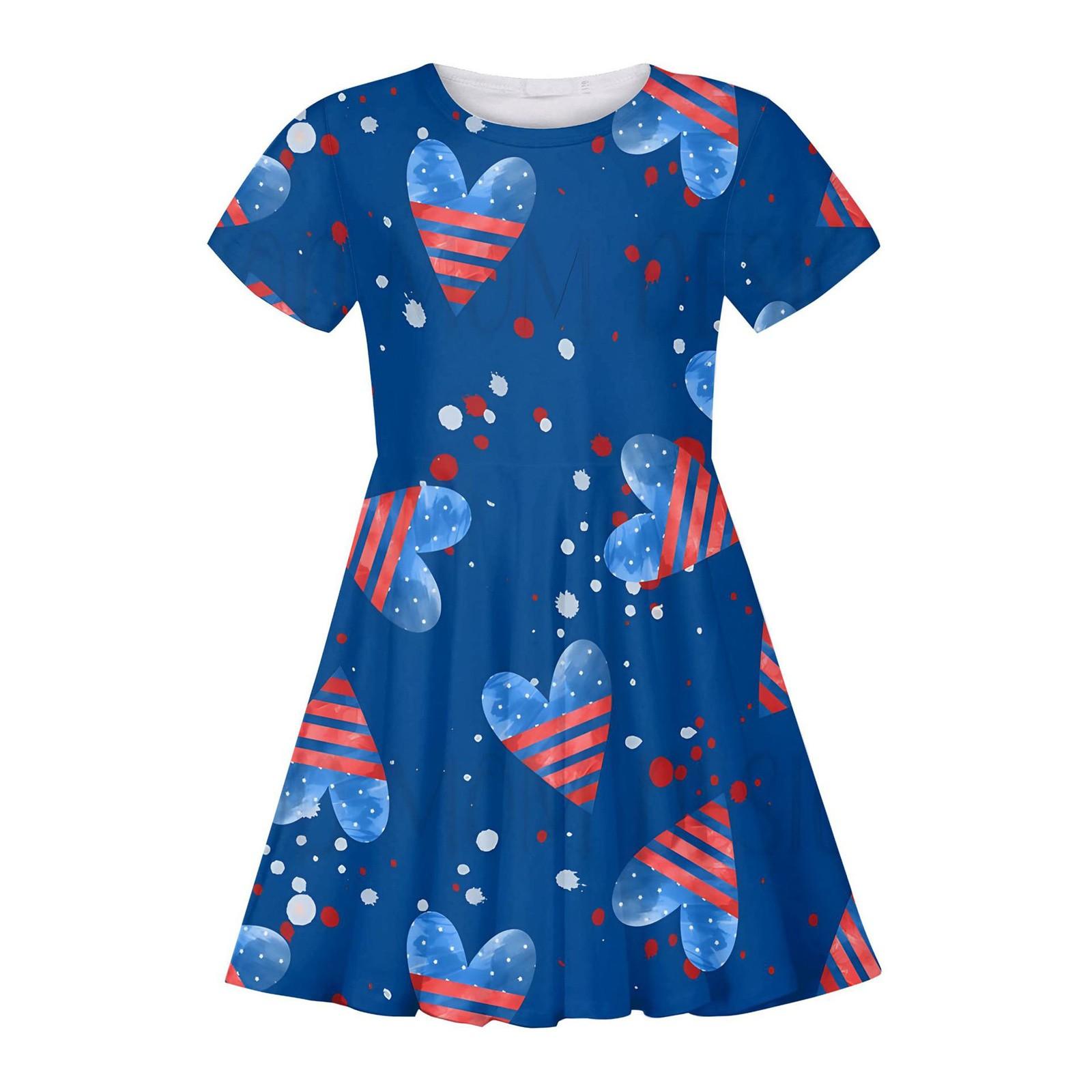 

Summer Casual Loose Print Sweet Girl Short-sleeved Princess Independence Day Dress L синій