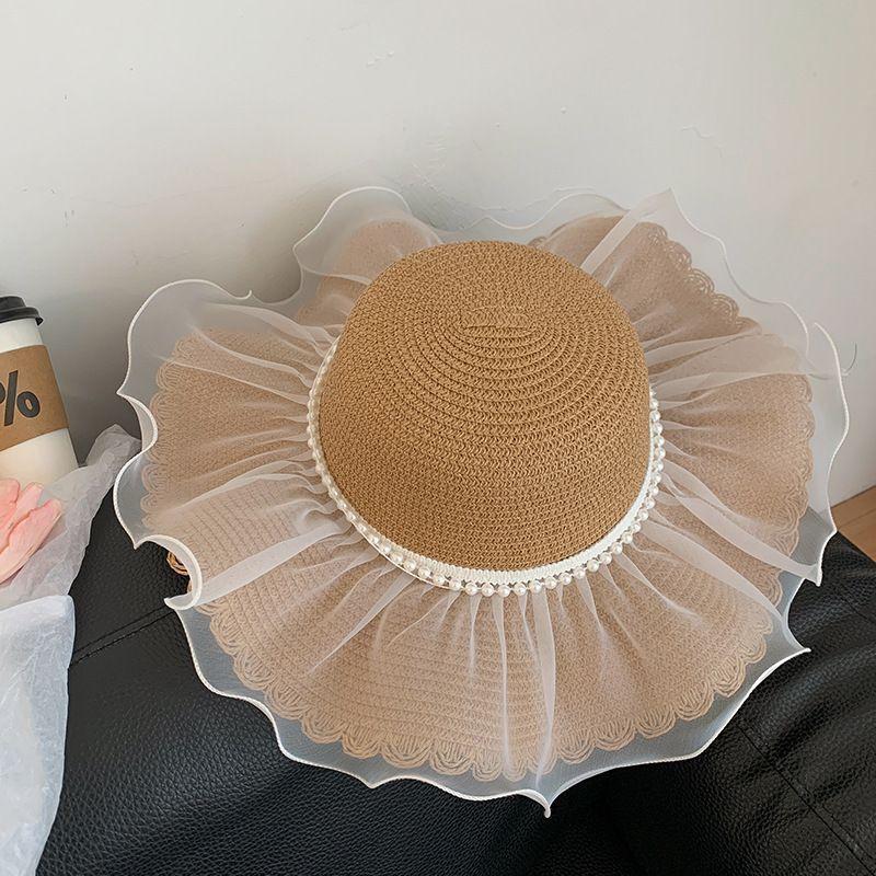 Straw Hat With French Lace Bow And Wave Edge For Beach Sun Protection
