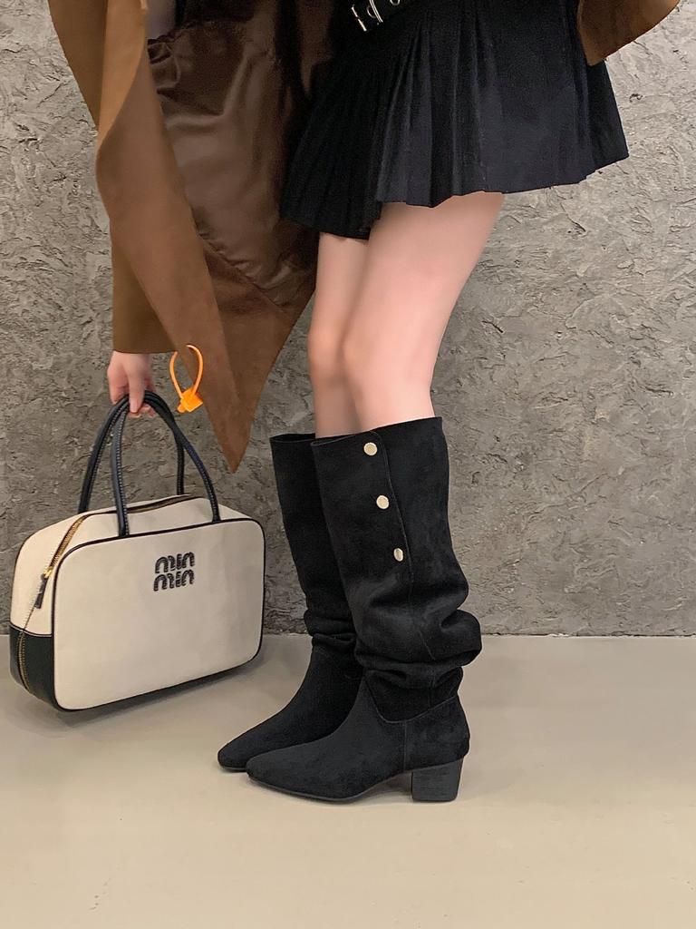 Retro thick-heeled elastic thin boots, new thin thick-heeled tall over-the-knee suede stacked women in autumn and winter 2025