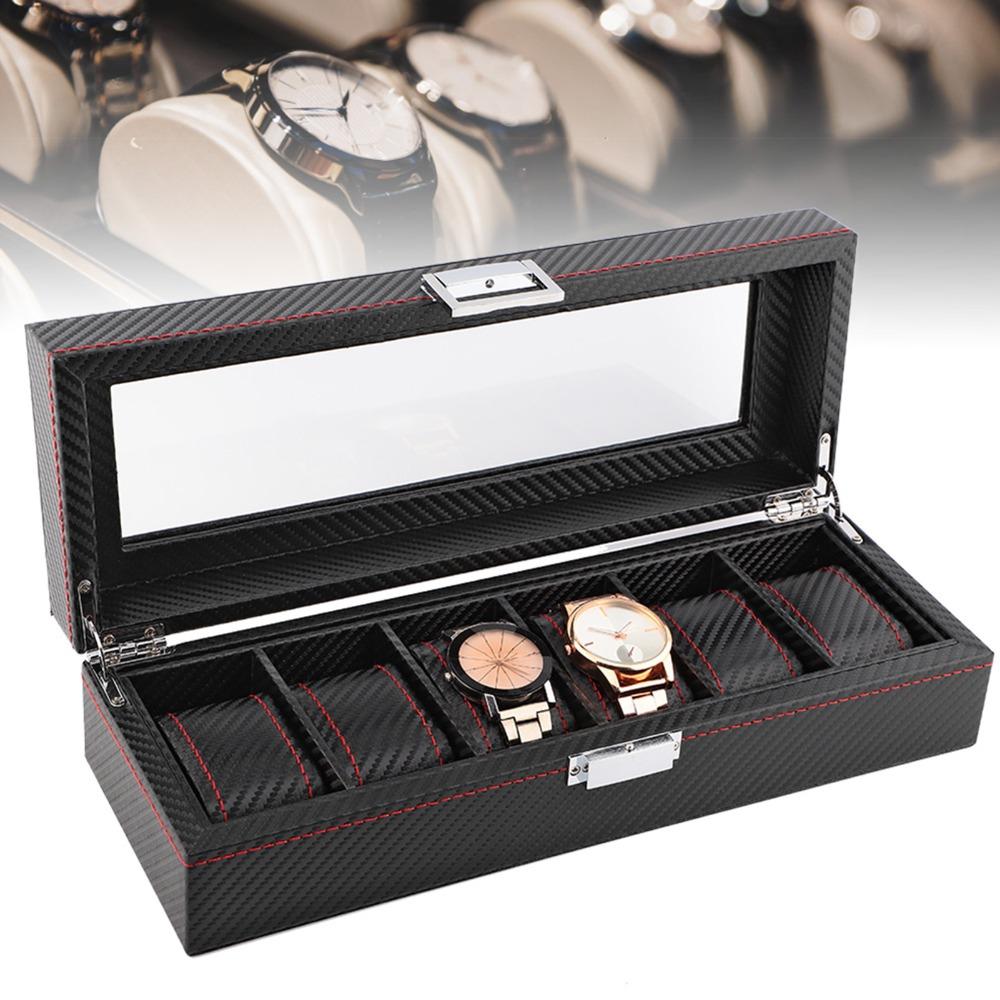 Sturdy Carbon Fiber Watch Box Transparent Window 6 Slots Watch Case Red Line Luxury Watch Display Watch Display