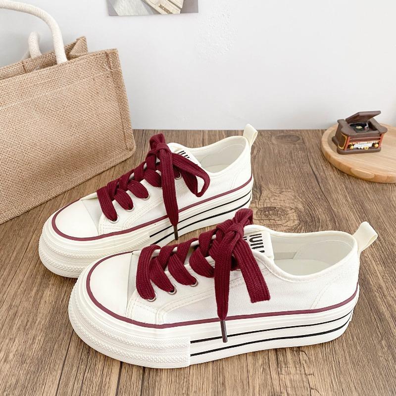 Dikke Bodem Canvas Schoenen Dames Ronde Neus Platte Veters Dubbele Band Veelzijdig Dunne Zool Board Schoenen Ademend Laag Uitgesneden Casual