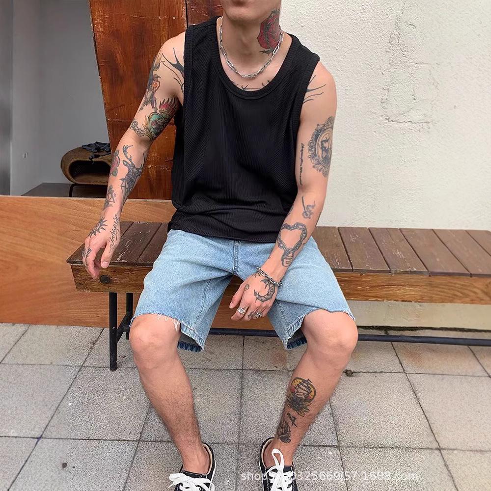 Men's American Basketball Ice Silk Tank Top - U-Neck, Sleeveless, Loose Fit, Ribbed Undershirt