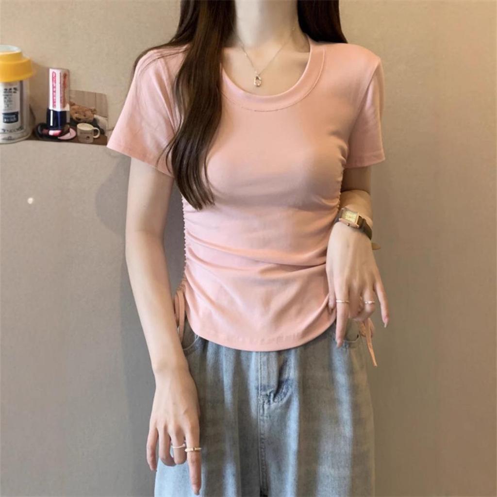 2025 Korean Style Slim Fit Short Sleeve Women's T-Shirt with Round Neck and Drawstring.