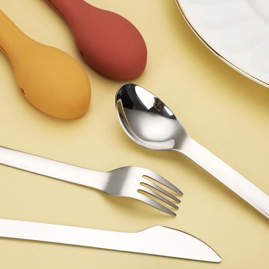 1 Set Cutlery Set with Silicone Cover Easy To Carry Stainless Steel Dishwasher Safe Spoon K Cutter Utensils Set Camping