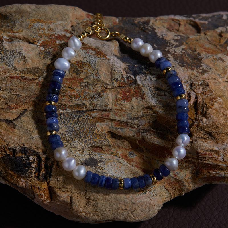 

S925 Sterling Silver New Chinese Natural Freshwater Pearl Blue Pattern Colored Treasure Bracelet Women S Niche High-End Bracelet Beads