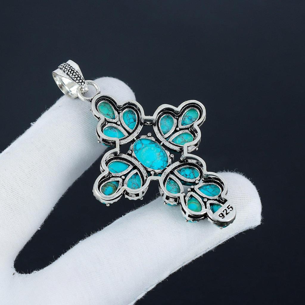 Natural Turquoise Gemstone Silver Cross Pendant In 925 Sterling Silver - Handmade Pear Design, Everyday Wear Jewelry Birthday Gift
