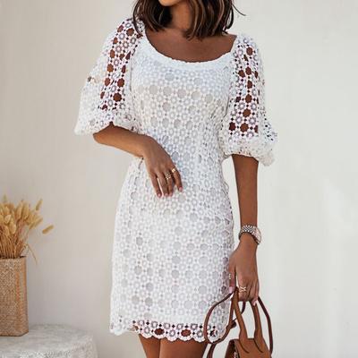 Vestido de Mujer Hueco Encaje Patchwork Verano Sin Espalda Manga Corta Ganchillo Mini Vestido