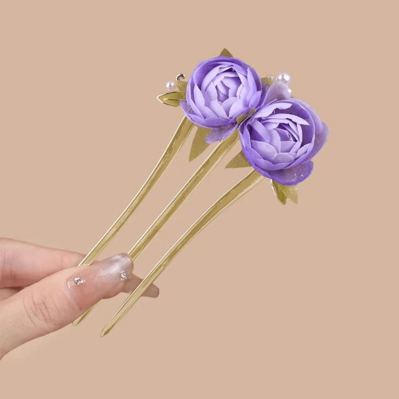 New Chinese Style Peony Beaded Three Teeth Hair Fork Vintage Elegant Bun Hair Accessories