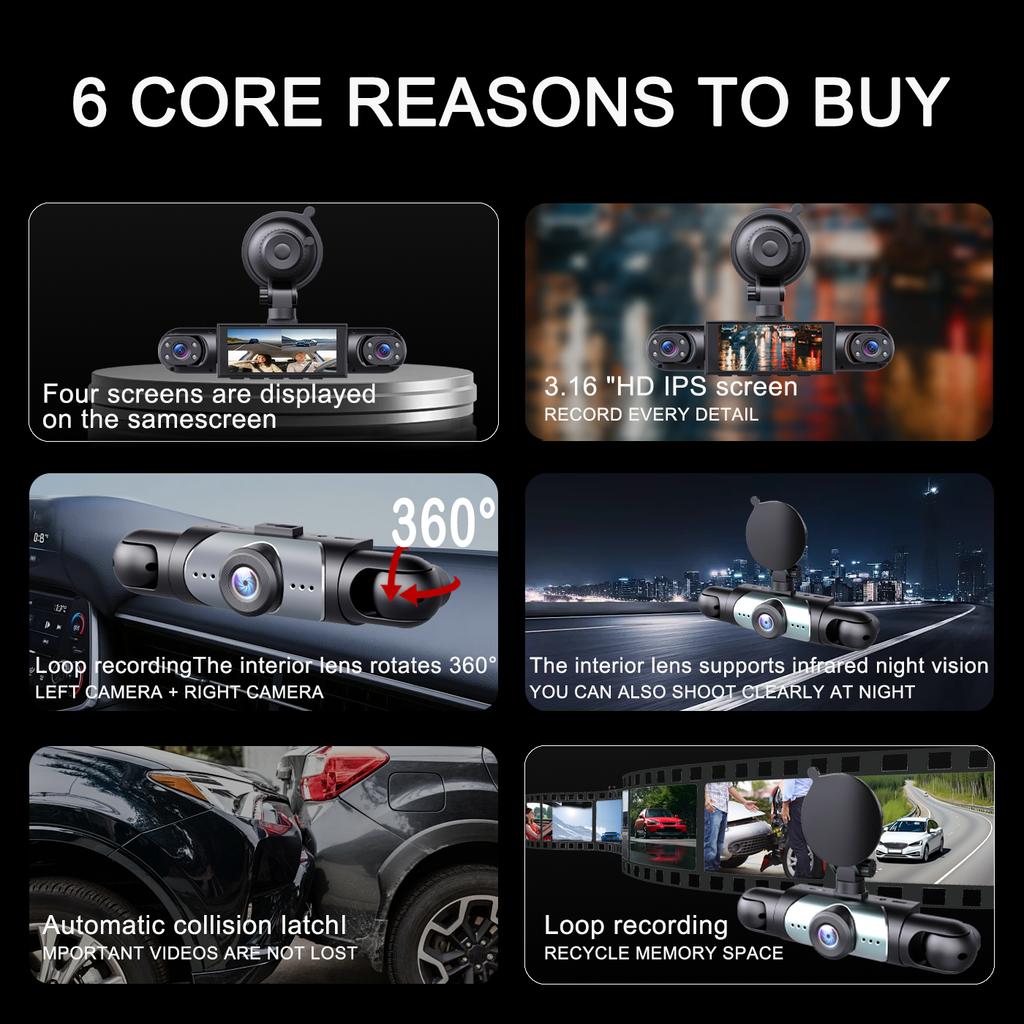 1080P HD dashcam with 360° all-around coverage, featuring four built-in cameras front and rear. Equipped with infrared night vis