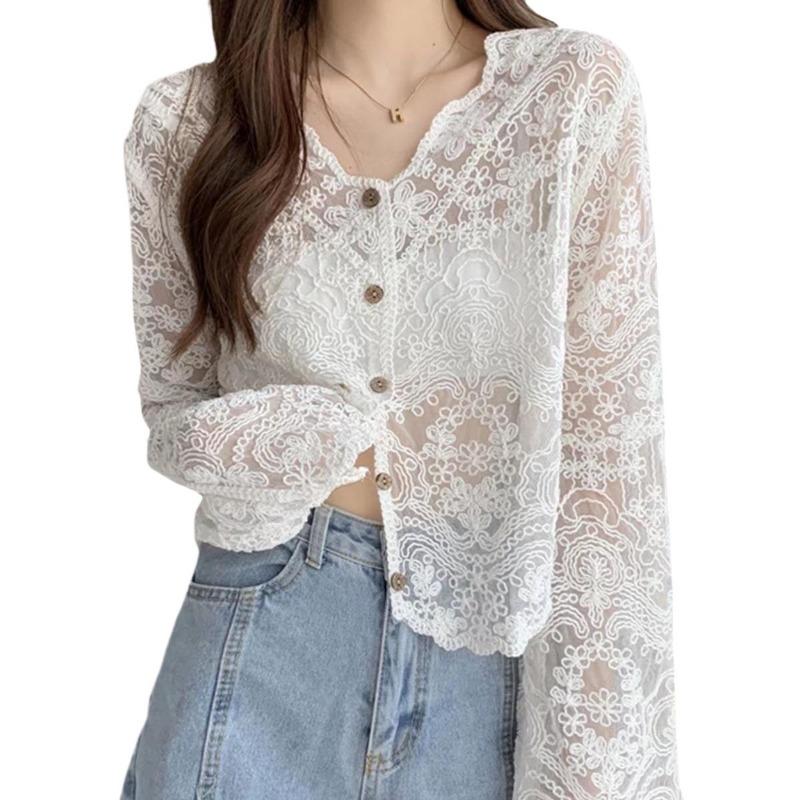 Spring and Summer New Design Hollow Lace Fashionable V-neck Long-sleeved Sun Protection Top for Women