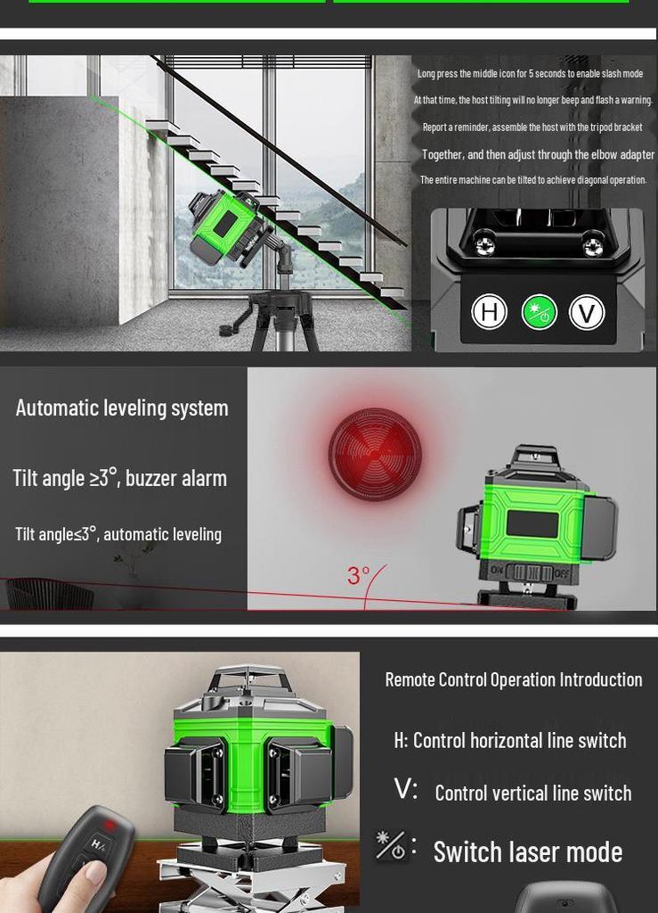 High-Precision 16-Line Green Laser Level with Wall/Floor Mount and Ultra-Long Standby