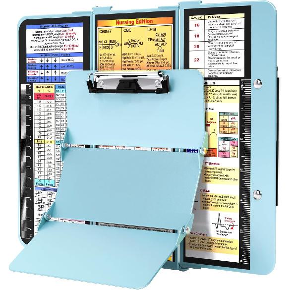 Nursing Clipboard Foldable, Foldable Clip Board w/Nursing Edition Cheat Charts, 3 Layers Aluminum, Nurse Clipboards w/Low Profile Clip & Pen Clip