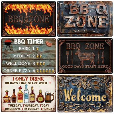 2D Metal Tin Sign Vintage BBQ ZONE Beer Posters Plaque Decorative Plates for Garage Club Man Cave Bar Home Cafe Wall Decor