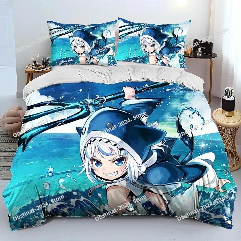 Cute Gawr Gura Hololive Anime Shark Comforter Bedding Set,Duvet Cover Bed Set Quilt Cover Pillowcase,king Queen Size Bedding New