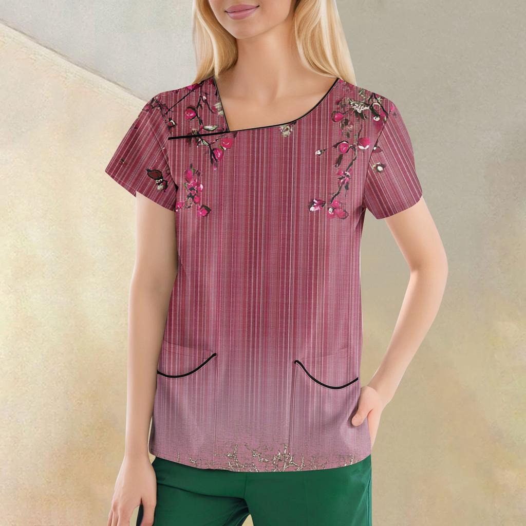 Women's Casual  Print Short Sleeve Sloping Collar Workwear Top With Double Pockets