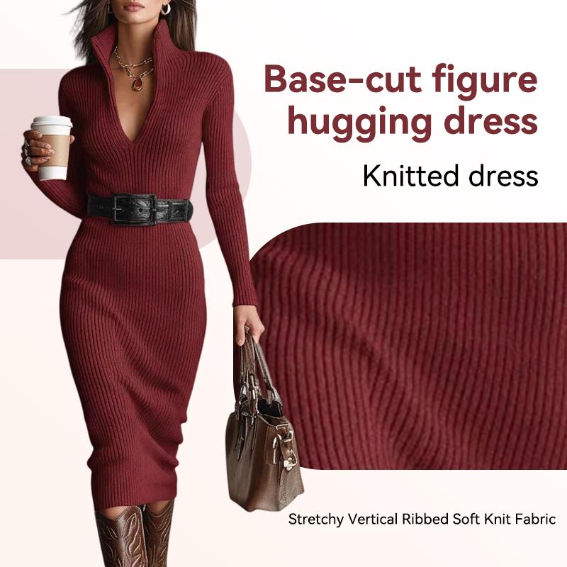 Rochie pulover midi cu nervuri pentru femei, gât în V, guler răsucit, mânecă lungă, mulată, croială slim, rochie de toamnă-iarnă cu curea inclusă
