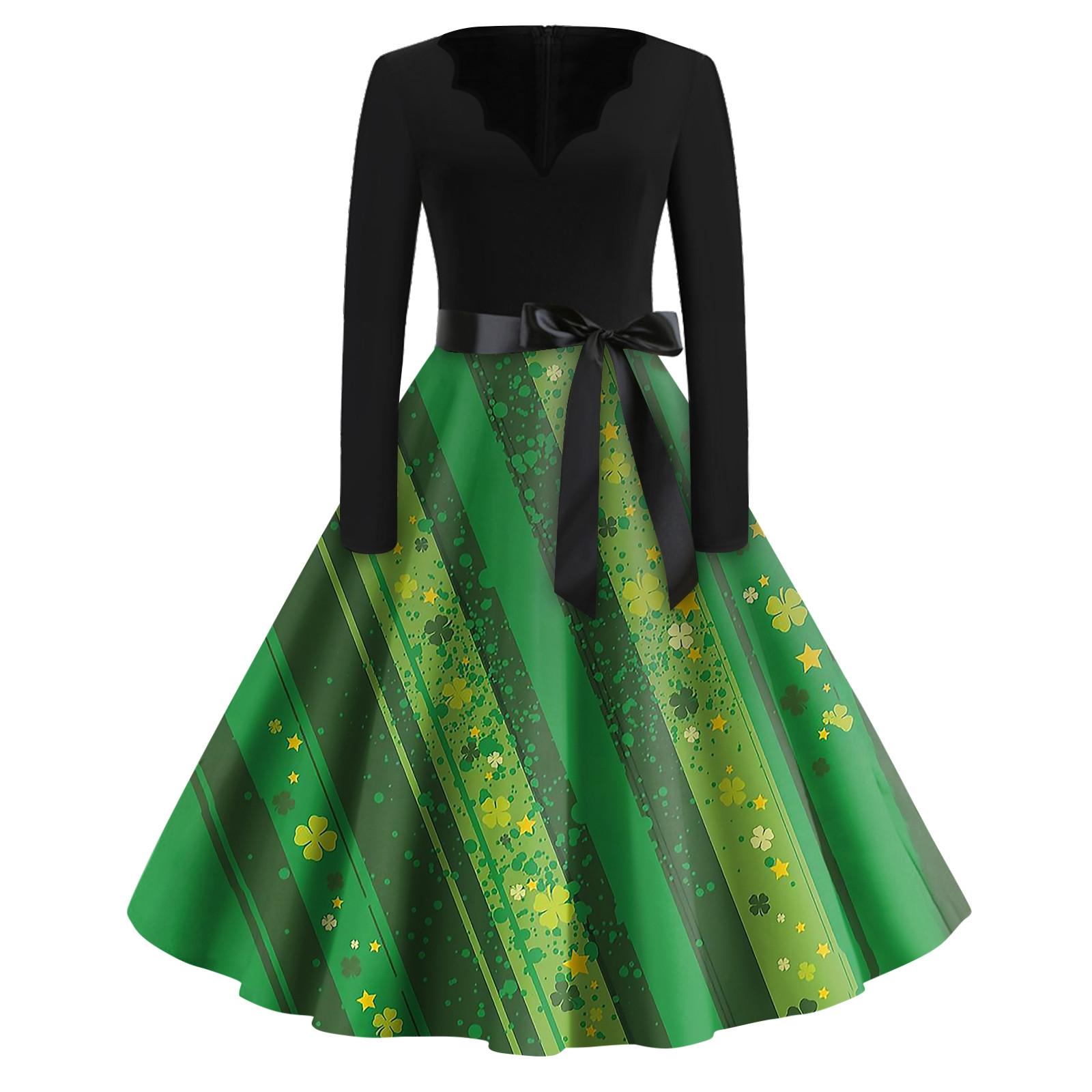 

Жіночі модні повсякденні тонкі сукні з V-подібним вирізом до Дня Святого Патріка з принтом і довгими рукавами XL