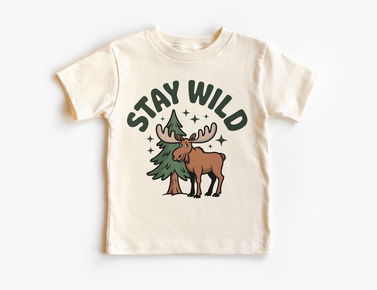 Stay Wild Moose & Pine Tree Kids Shirt - Nature Animal Camping Tee - Outdoor Adventure Unisex Outfit - Mountain T-Shirt for Boy and Girl 110