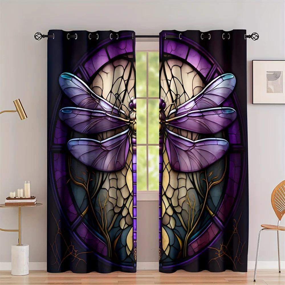 2pcs Green Dragonfly Flower Flower Digital Printing Living Room Curtain Semi Blocking Curtain Translucent Grommet Top Curtain