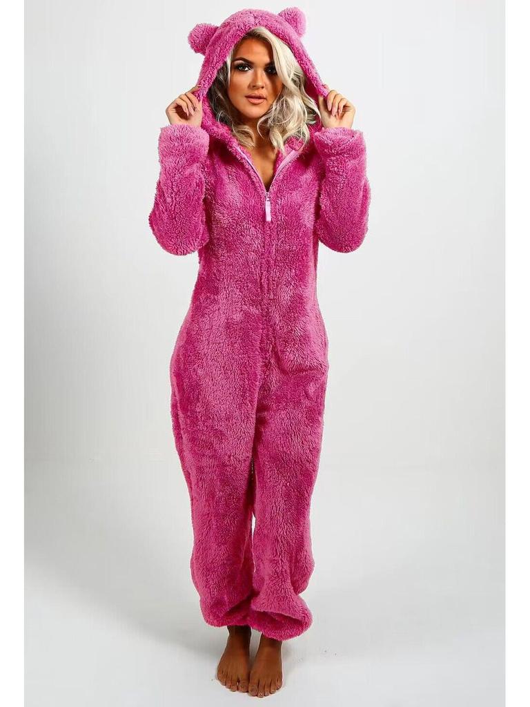 2024 Trendy European/American Fleece-Lined Hooded Jumpsuit Pajamas for Women - 22 Colors Available