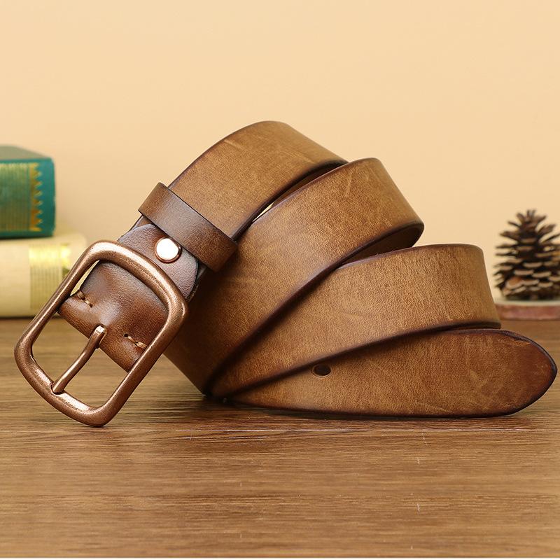 3.8Cm Wide Copper Buckle Belt Men'S Leather Pin Buckle Natal Year First Layer Cowhide Retro Casual Jeans Belt