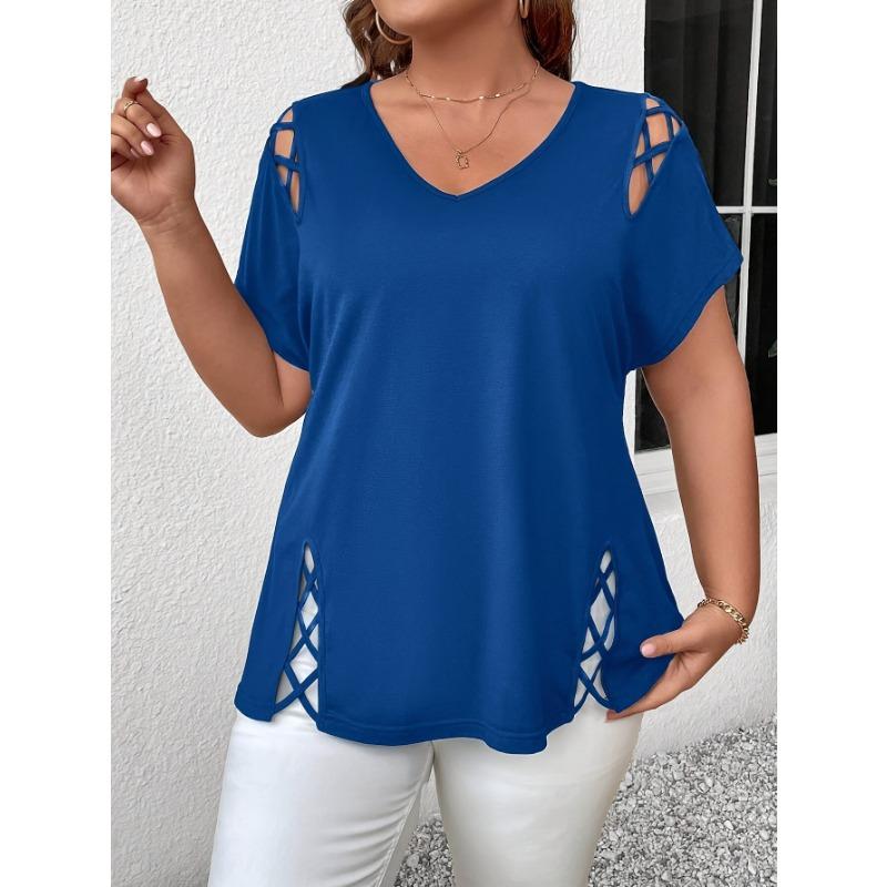 Women Plus Size Solid Cross Strap Short Sleeve T Shirt