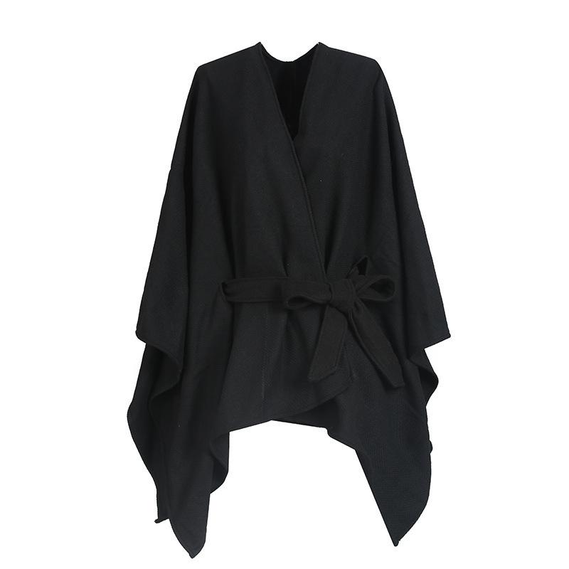 Monokrom Kemer Bölünmüş Örme Şal Dokuma Pelerin Sıcak Eşarp Kadın