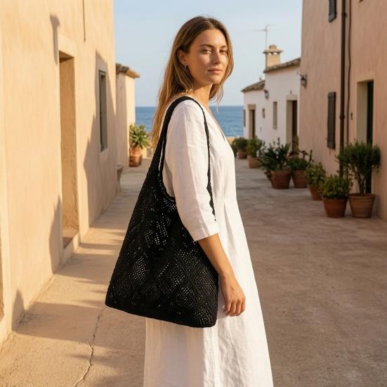 Women Crochet Shoulder Bag Lightweight Solid Color Mesh Handbag Fashionable Beach Bag Daily Commuting