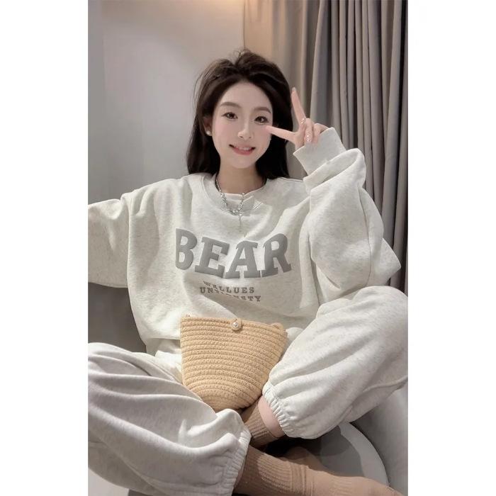 

Autumn new women s clothing salt high-end sense of light and mature style casual sports sweater two-piece suit pants women s spring and autumn M серый
