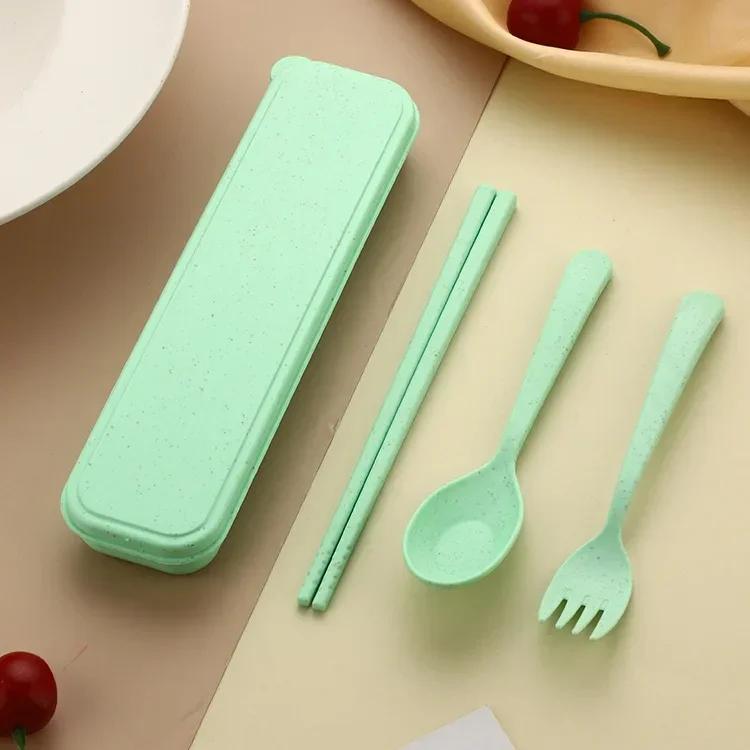 Set de veselă din paie de grâu 3în1, furculiță, lingură, cuțite, picnic, camping, cu carcasă, veselă portabilă, set de tacâmuri