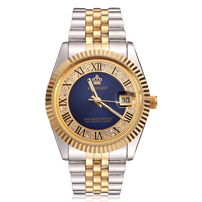Original New REGINALD Quartz Watch Men 18k Yellow Gold Fluted Bezel Pearl Diamond Dial Full Stainless Steel Luminous Clock