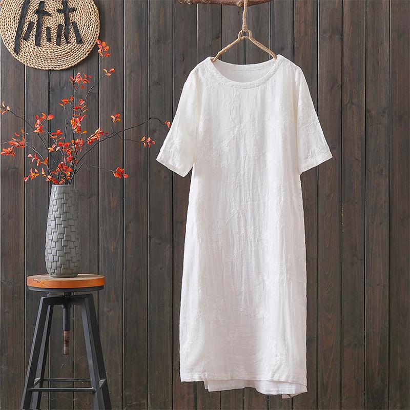2026 Summer Embroidered Slit Midi Sleeve Cotton Linen Double Layer Artistic Qipao L белый