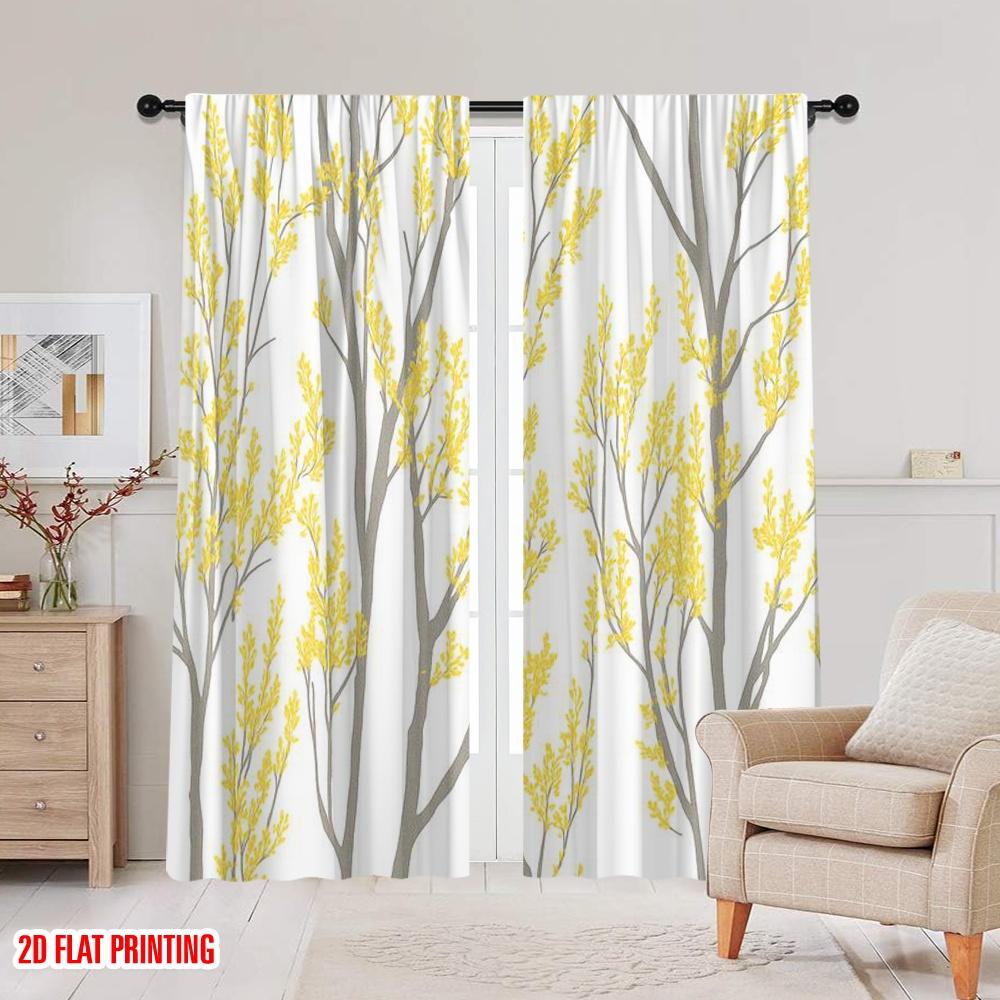2pcs,2D Plane Printing Curtain Popular Yellow Branches Versatile Fabric (without Rod) Home Decor Ldeal for Season Home Decor for