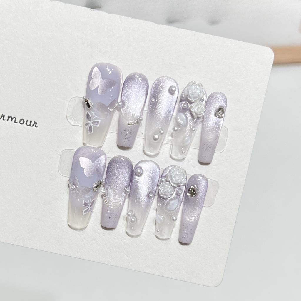 Fioletowy Romantyczny Francuski Noszący Zbroję Zaawansowany Ambient Manicure Motylkowy Highlight Kocie Oko Sztuczny Naklejka do Paznokci Zdejmowalna