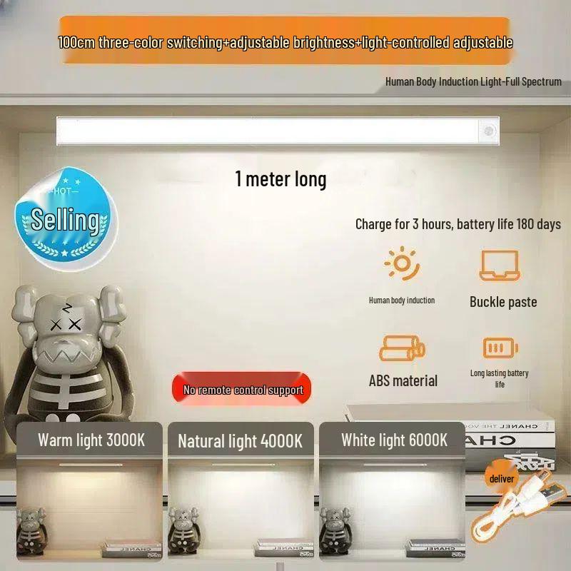 Ultradünner wiederaufladbarer magnetischer LED-Lichtstreifen für Kleiderschrank/Schrank mit Bewegungssensor, keine Verkabelung erforderlich