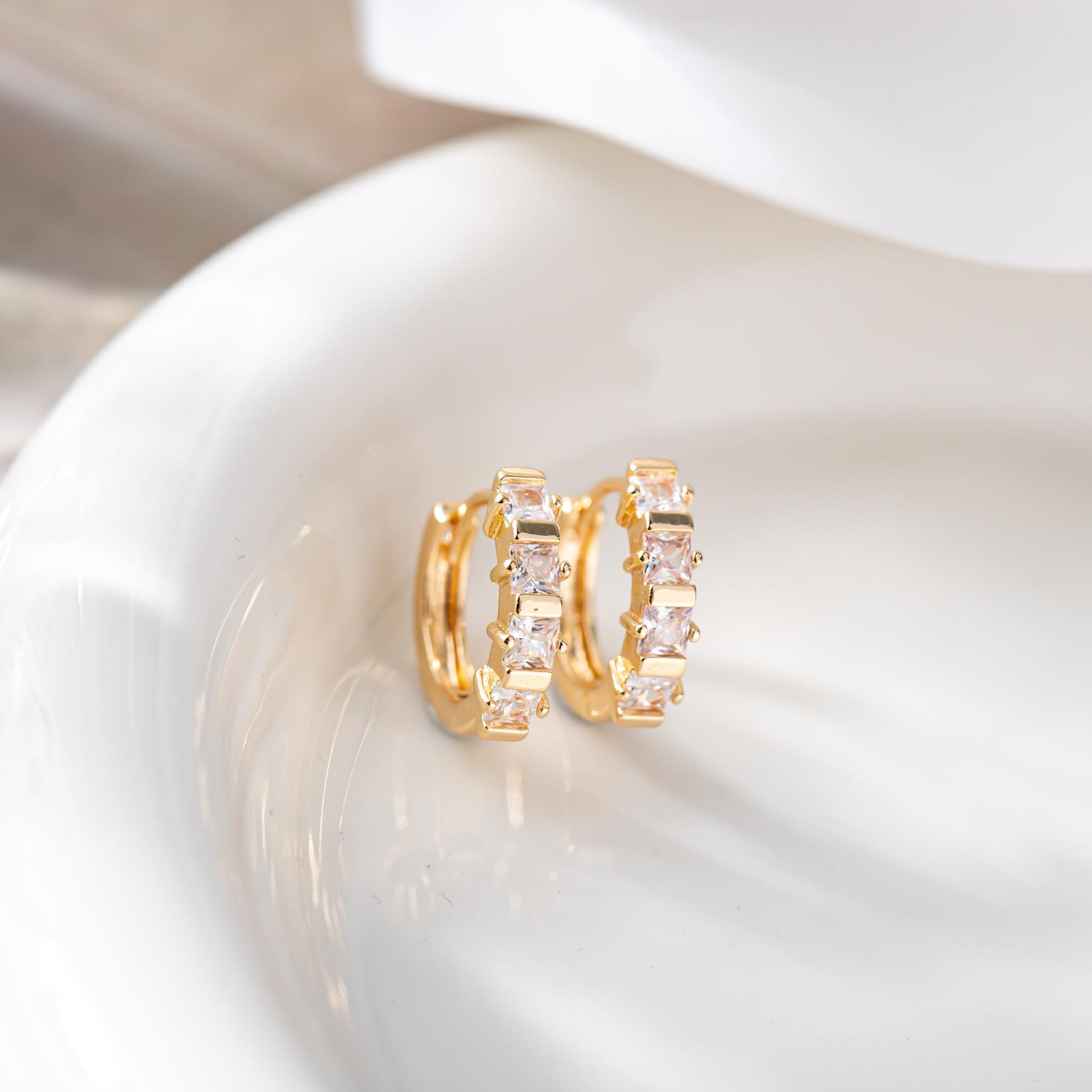 Single Row Zirconia Geometric Square Stud Earrings and Ear Cuffs for Women