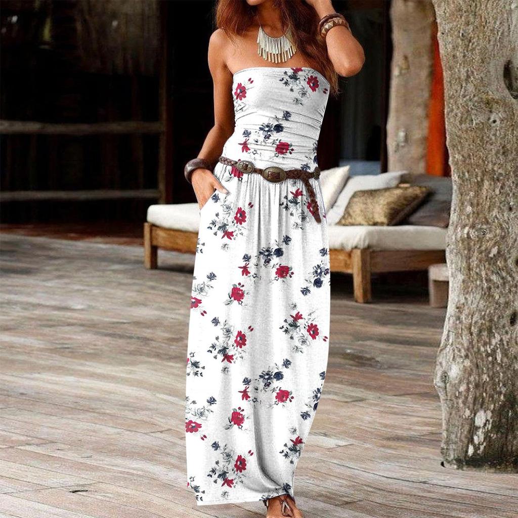 Šaty pre ženy Maxi šaty bez ramienok Kvetinové Boho slnečné šaty Bohemian Beach Dlhé letné šaty