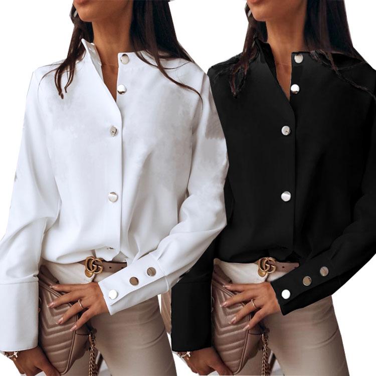 Black & White Euro-American Fashion Metal-Embellished Stand Collar Loose Long Sleeve Shirt S чёрный